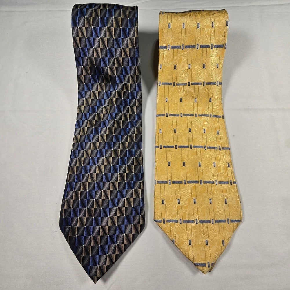 Lot of 2 Dockers Silk Men's Blue Grey Geometric Gold Grid Stain Resistant